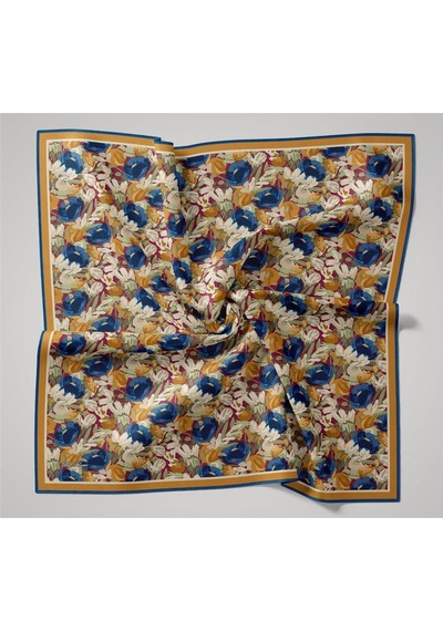 Silk Home Organik Pamuk İpek Eşarp Çilek Kırmızısı Gök Mavi Çiçek Desenli Tok Duruşlu 90x90 Çok Renkli
