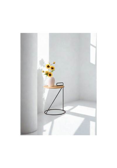 Yuvarlak Bambu Tablalı Metal Ayaklı C Sehpa Natural Siyah 41x41x57 Cm Atlantik Çam