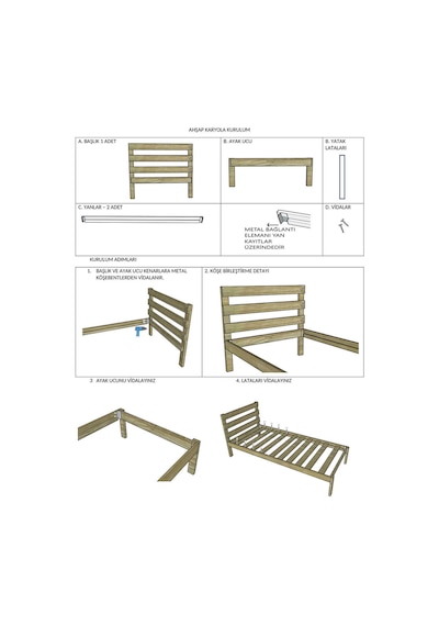Masif Ahşap Karyola 90cm X 190cm Doğal Ahşap Natural Başlıklı