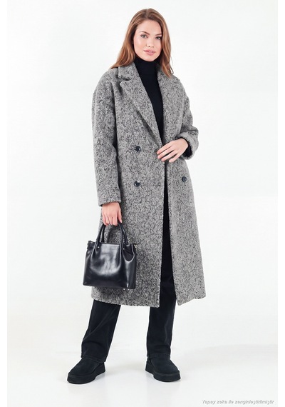 Lela Oversize Fit Mono Yaka Düğmeli Buklet Uzun Kaşe Kaban Kadın Kaban 6811997 Antrasit