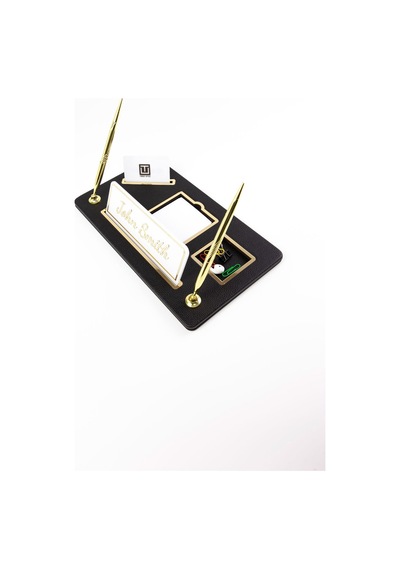 Turgut Office Organizer İki Kalemli Deri Masa İsimliği Siyah Gold Detaylı