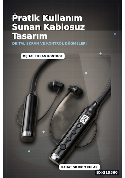 Bay Bluetooth V4.0 Boyun Tipi Kulaklık 10 Mt Menzilli Mikrofonlu Dijital Ekranli Kulak Ici Bx-313560 Najmaddin