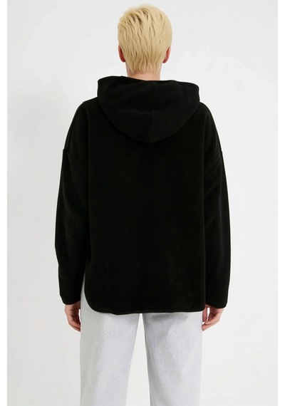 Benerly Kadın Kapüşonlu Fermuarlı Oversize Polar Sweatshirt Fonksiyonel D siyah