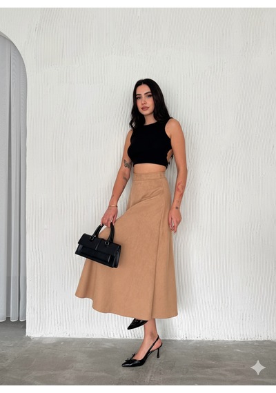 Ozy Fashion Kadın Süet Kloş Etek Açık Kahverengi