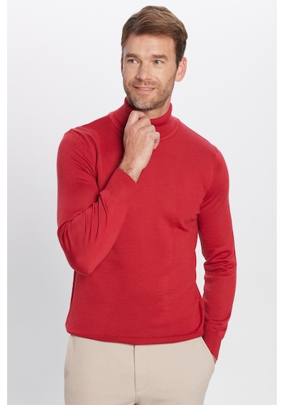 Tudors Erkek Slim Fit Dar Kesim Tam Boğazlı Yaka Düz Yün Kırmızı Triko Kazak-25695 Kırmızı