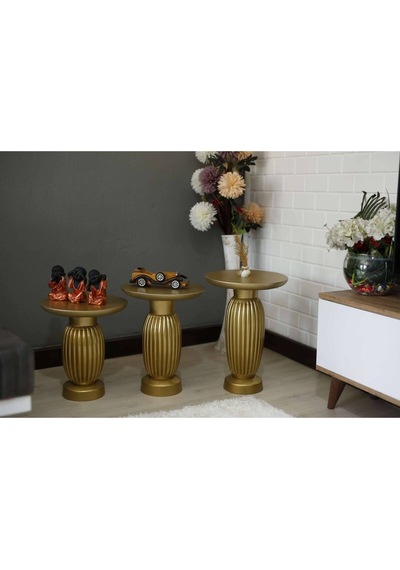 Wood Ahşap 3 Lü Set Mantar Yan Sehpa Konik Model / Altın Varak Renk / Zigon Sehpa Kahverengi