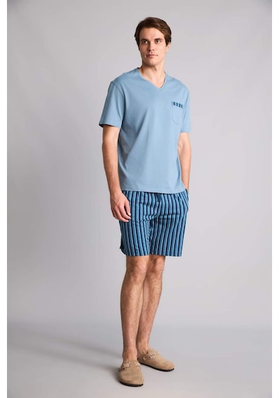 Defacto New Regular Fıt Kısa Kollu 2li Pijama Takım H8712ax26smbe485 Mavi-be485