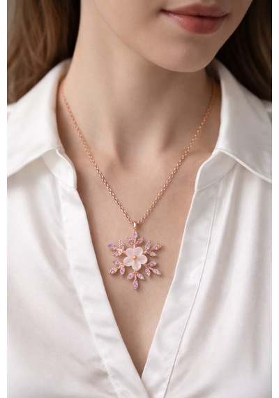 Çekirdekjewelry 925 Ayar Gümüş Manolya Çiçekli Kartanesi Kolye Rose