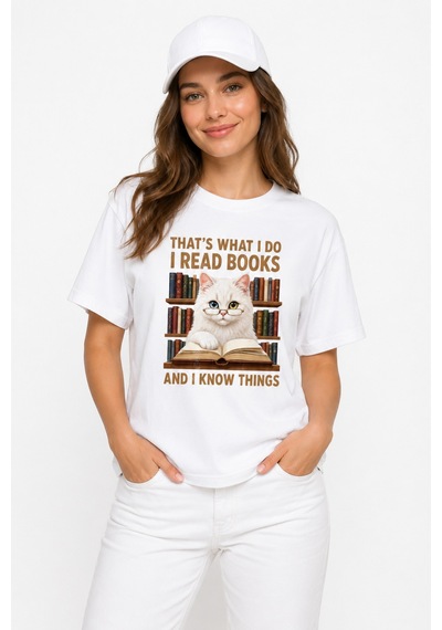 Bayloranzzo The Reader Cat %100 Pamuk Heavy Cotton Premium Kalite Kadın Tişört Beyaz