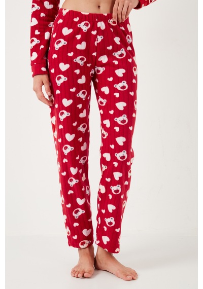 Lela Standart Fit Düğmeli Polarlı Bayan Pijama Takımı 6095617 Kırmızı
