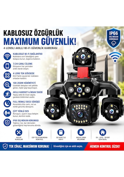 Radem Rd-110 4 Lens Akıllı Wi-fi Ptz Güvenlik Kamerası 10x Zoom Çift Yönlü Ses Full Renkli Gece Görüşü Ip66 Hareket Takibi