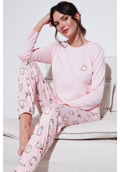 Lela Streç Regular Fit Beli Lastikli Bisiklet Yaka Bayan Pijama Takımı 65714101 Açık Pembe