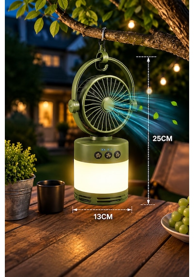 Şarjlı Kamp Fanı Led Lambalı 4000 Mah Powerbank Taşınabilir Vantilatör Ve Kamp Feneri Haki