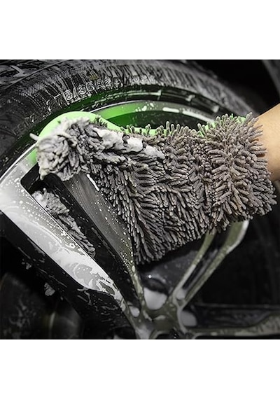 Çift Taraflı Mikrofiber Şönil Tüylü 5 Parmaklı Araba Oto Yıkama Temizlik Eldiveni Yeşil Gri Oto Aksesuarcım