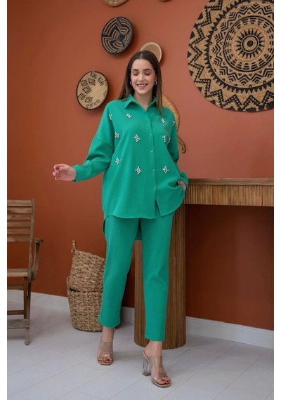 Defymoda Yeşil Gömleği Taşlı Fitilli Takım Yeşil