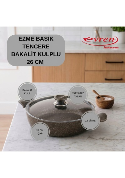 20 Cm Gold Stone Ezme Seri Granit Basık Tencere, Non-stick Pilav Karnıyarık Tencere 1,7 Lt Bakalit Kulplu 26 Cm