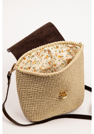 Fabric Craft Bag Omuz Çantası Floş İplik Suni Deri Kapaklı Astarlı 21x28 Cm Bej