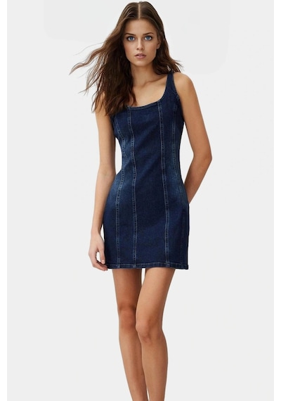 Ersefa Rahat Pamuklu Denim Mini Elbise Fitted Bisiklet Yaka Günlük Stil Mavi
