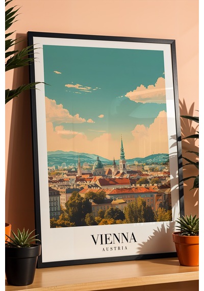 Vienna Austria Vintage Seyahat Posteri Çerçeveli Tablo - Premium Viyana Şehir Elit Duvar Dekoru Siyah