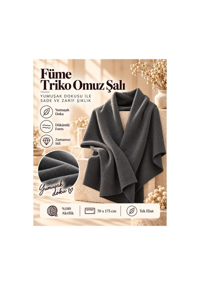 Comerciante Füme Düz Triko Kadın Omuz Şalı Yumuşak Dokulu Kışlık Şal 70x175 Cm %100 Akrilik Füme - 930337046 Füme