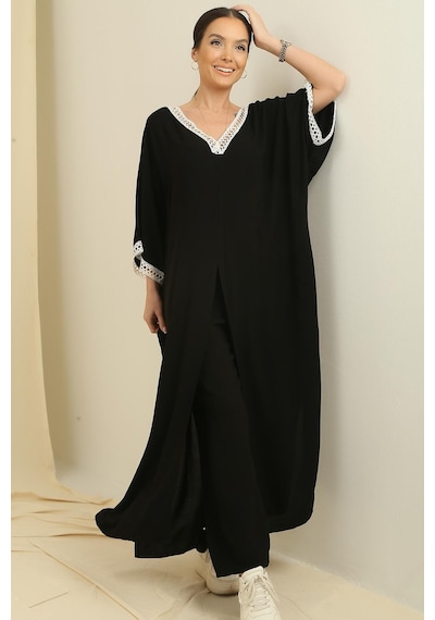 By Saygı Dantel Detaylı Cepli Uzun Tunik Beli Lastikli Pantolon Oversize 2'li Viskon Takım-35780-siyah Siyah By Saygı Dantel Detaylı Cepli Uzun Tunik Beli Lastikli Pantolon Oversize 2'li Viskon Takım-35780-siyah Siyah