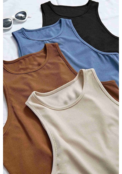 Merry See Tek Renk 1 Adet Kadın Kolsuz Örme Kumaş Bluz Crop Krem 001