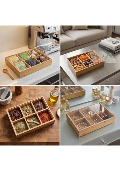 Bambu Organizer Kutu, 6 Bölmeli, Şeffaf Kapaklı, Kristal Kulplu, 30x20x6 Cm, Çay Ve Baharat Düzenleyici, Takı Düzenleyici Açık Ahşap