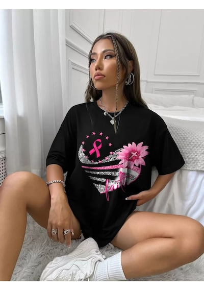 Uyguntarz Unisex Kalpli Kurdele Baskılı Tasarım Tshirt Siyah