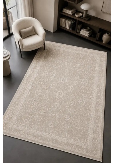 Zes Collection Modern Vintage Desenli Eskitme Dokuma Yumuşak Salon Halısı Bej - Krem