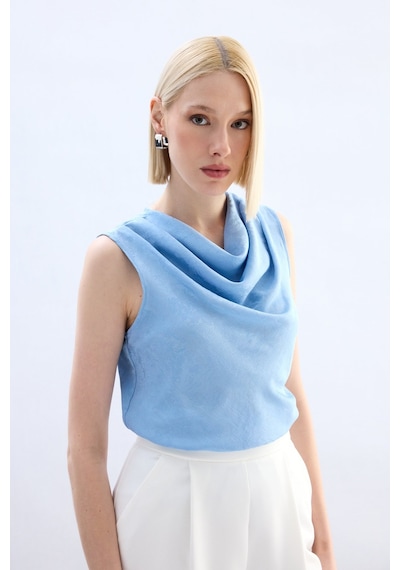 Sateen Degaje Yaka Bluz - Bebe Mavi-136754 Bebe Mavi