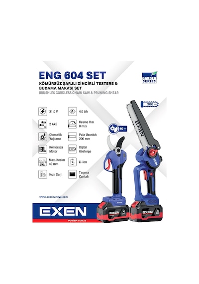 Exen ENG 604 21V 2x4AH Çift Akü Kömürsüz Şarjlı Testere + Makas Seti