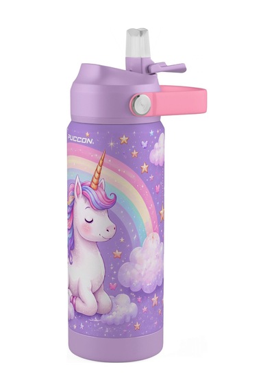 Puccon 540 Ml Unicorn Desenli Lila - Pembe Kız Çocuk Pipetli Çelik Termos Matara/suluk - 60043