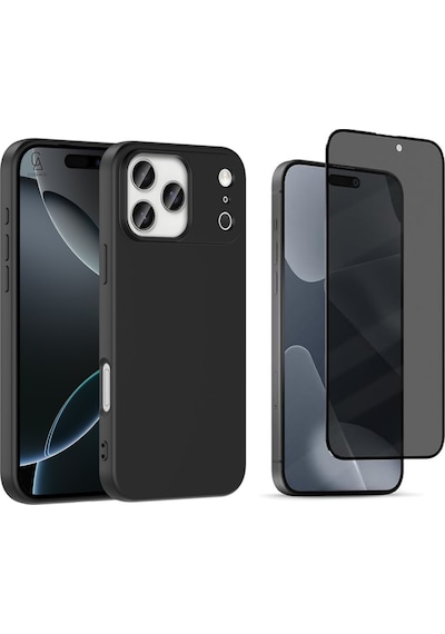 Apple Uyumlu iPhone 17 Pro Içi Kadife Lansman Kılıf Ve Hayalet Tam Kaplayan Cam Ekran Koruyucu Siyah