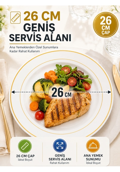 6'lı Altın Yaldızlı Plastik Tabak 26 Cm Porselen Görünümlü Kullan At Parti Davet Servis Tabağı