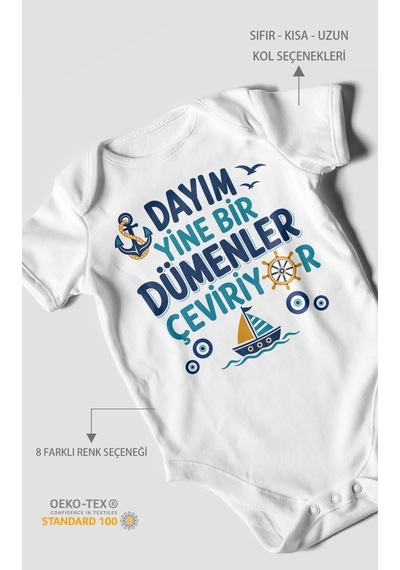 Morivokids Dayım Yine Bir Dümenler Çeviriyor Kısa Kollu Bebek Body %100 Pamuk Beyaz