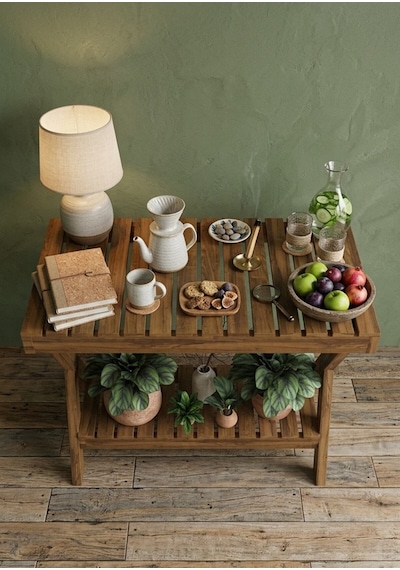 Nelyu Masif Ahşap Yan Sehpa - 80x60x20 Cm Çok Amaçlı Dekoratif Raf Kahverengi
