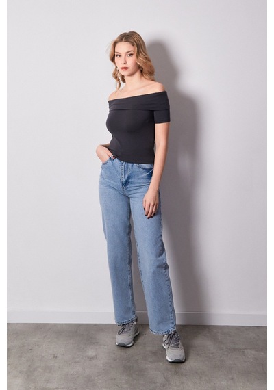 Fullamoda Basic Madonna Yaka Bluz 25ygb650126872-füme Füme
