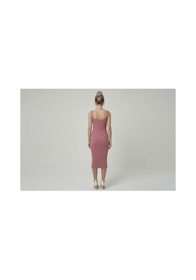 Neden Tekstil Premium Fit Kare Yaka Fitilli Triko Midi Elbise - Koyu Pembe