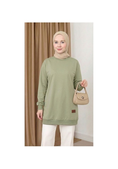 Unika Boutique Kadın Bisiklet Yaka Tesettür Yırtmaçlı Armalı Tunik Sweat Sweatshirt Haki