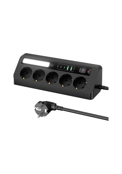 5 Li Akım Korumalı Priz 2500w 2 Usb + 2 Type-c Hızlı Şarj Led Gece Lambalı Dokunmatik Siyah 0