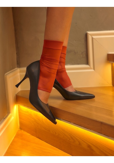 %100 Hakiki Deri Siyah Kadın Stiletto Siyah