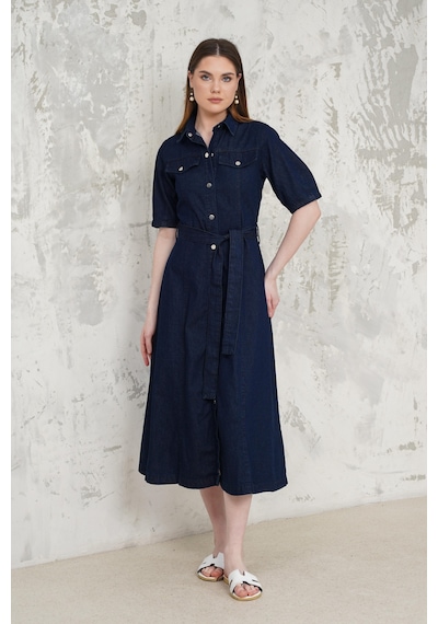 Livanomi Kemerli Denim Elbise Mavi
