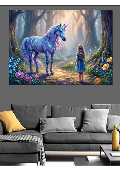 Ahşap Tablo Büyülü Ormanda Unicorn Ve Kız İnsan Figürlü Tablolar