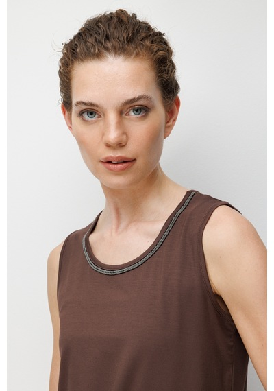 Kadın Sıfır Yaka Yaka Kenarı Zincirli Askılı Penye T-shirt K.kahve Kahve