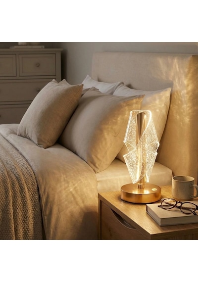 Çapraz Kavisli Ters Kristal Simli Led Masa Lambası Gold Gövdeli, Dokunmatik, 3 Kademe Işık Ayarlı Şarjlı Dekoratif Lamba 5570 Beyaz