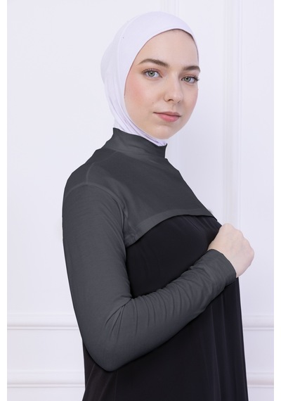 Loggia Balıkçı Yaka Boyunluklu Kolluk Gri - Likralı Dik Yakalı Kadın Body Tesettür Crop Bolero Gri