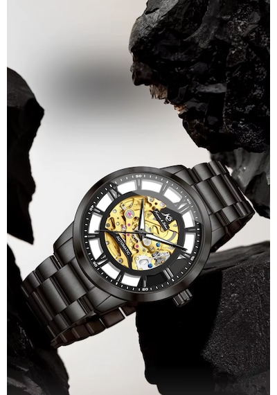 Kronen&söhne Mechanon Siyah Çelik Gold Skeleton Otomatik Mekanik Erkek Kol Saati Altın - Siyah