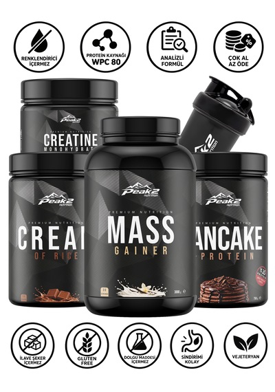 Hacim Paketi 7: Mass Gainer 3 Kg Vanılya + Cream Of Rice 1 Kg Çikolatalı + Protein Pancake 750 Gr Çikolata Aromalı+ Kreatin Monohidrat 300 Gr Aromasız + Shaker Vanilya