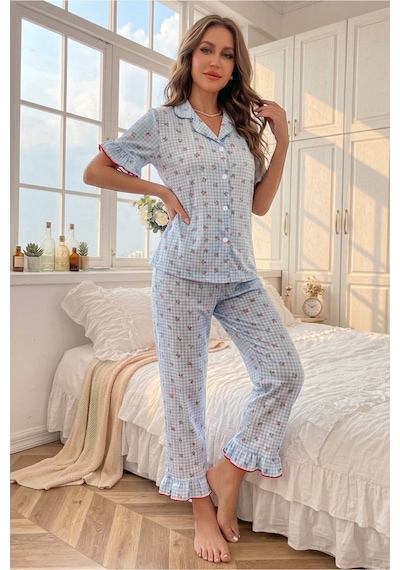 Bella Notte Mavi Soft Kiraz Desenli Kısa Kollu Yazlık Pijama Takımı