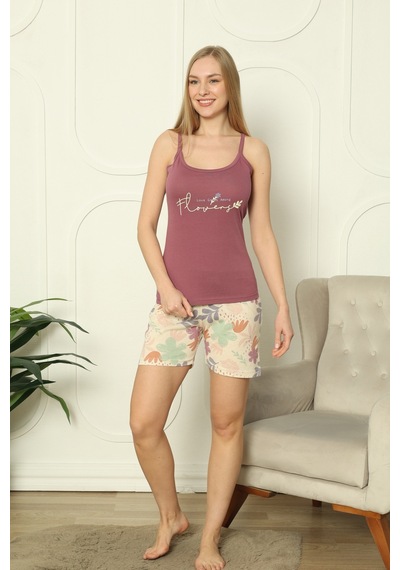 Wordex Mr 4406 Pamuklu Askılı Şortlu Çiçekli Takım Pijama Takımı Mor